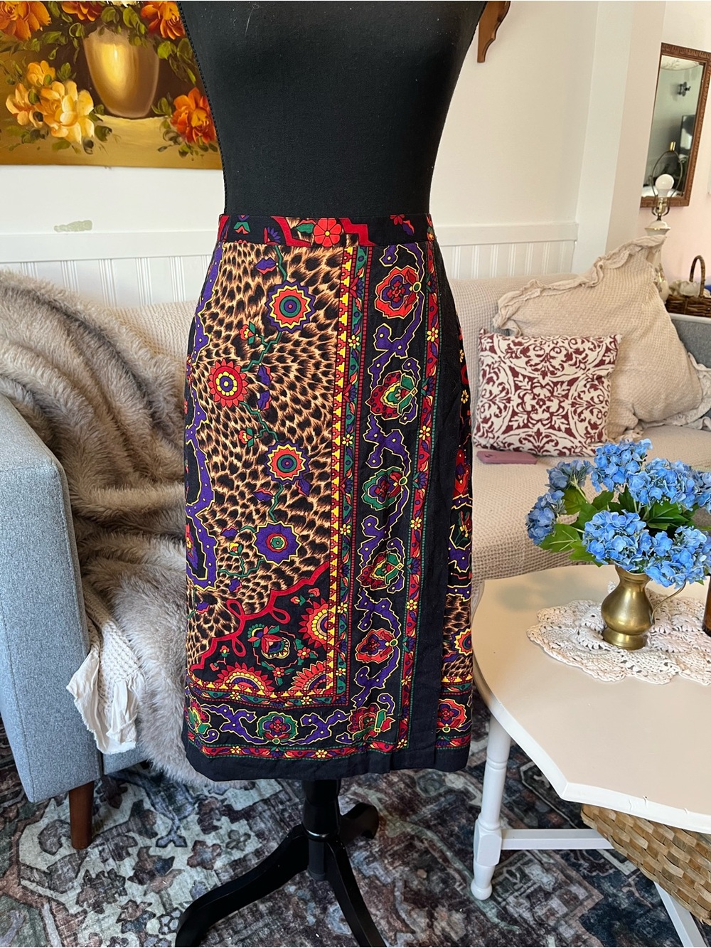 Ski & Company Vintage 80s Black Summer Bold Multi-Pattern Midi Wrap Skirt XL 35”